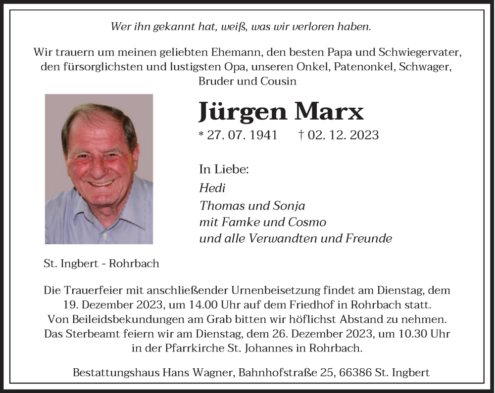  Traueranzeige für Jürgen Marx vom 15.12.2023 aus saarbruecker_zeitung