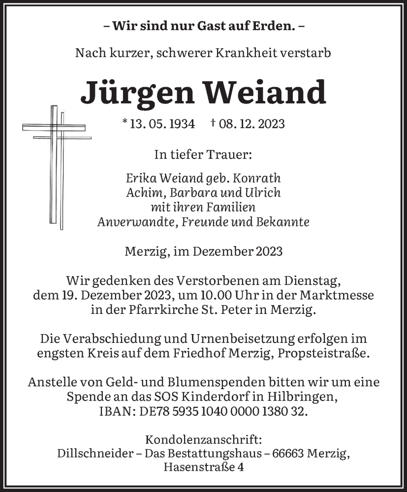  Traueranzeige für Jürgen Weiand vom 15.12.2023 aus saarbruecker_zeitung