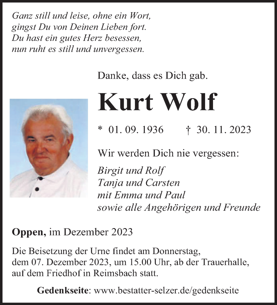  Traueranzeige für Kurt Wolf vom 04.12.2023 aus saarbruecker_zeitung