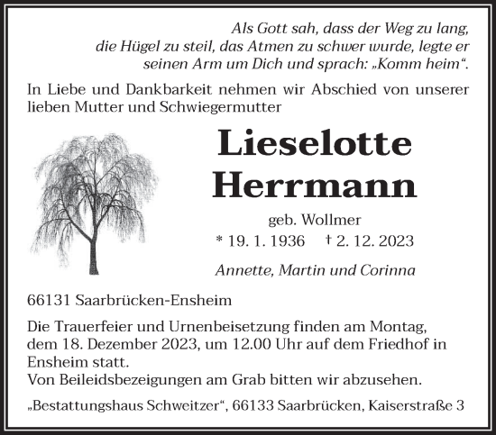 Traueranzeige von Lieselotte Herrmann von saarbruecker_zeitung