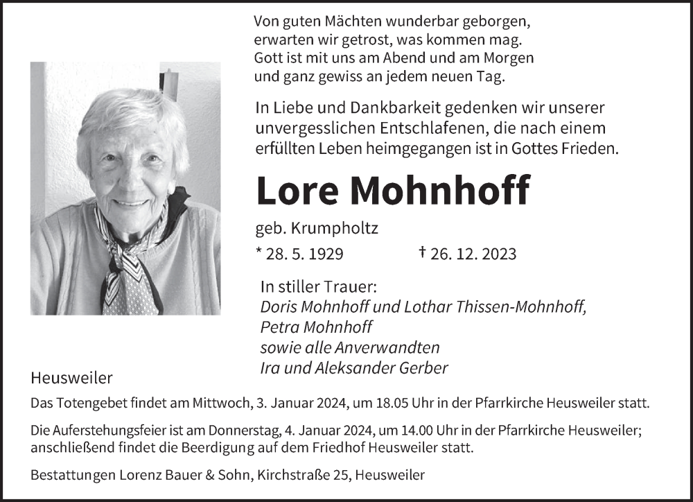  Traueranzeige für Lore Mohnhoff vom 30.12.2023 aus saarbruecker_zeitung