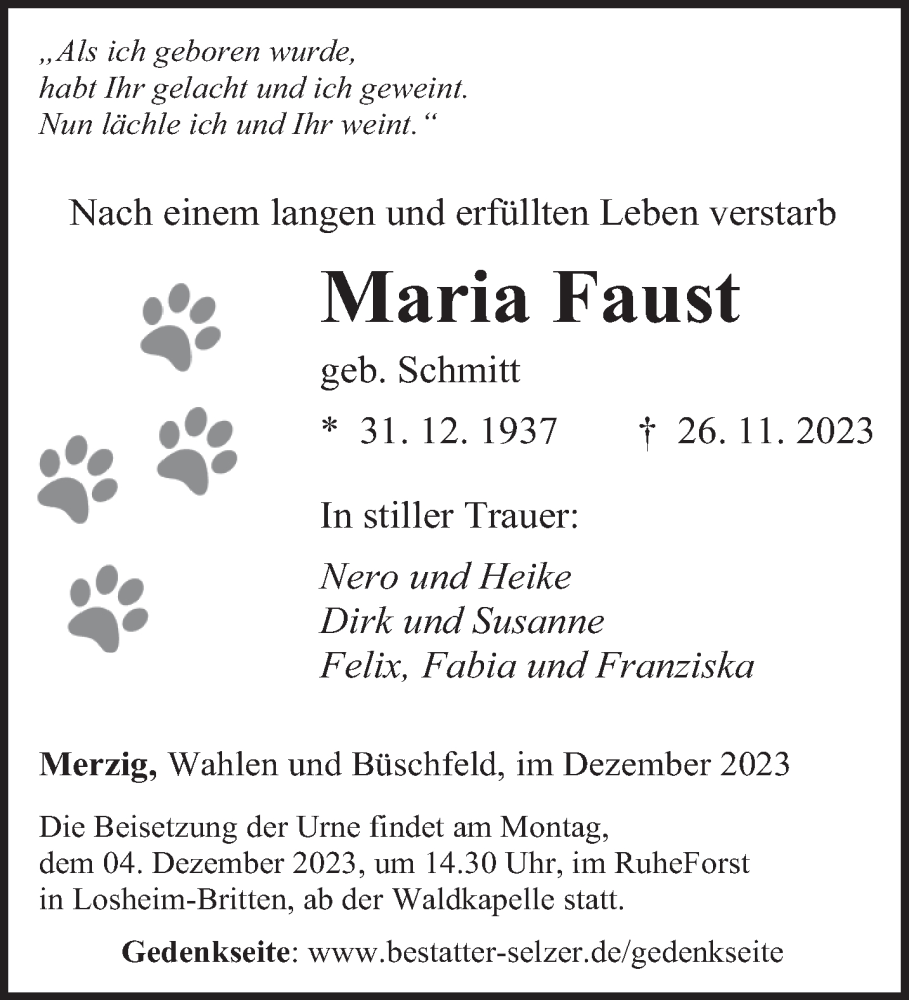  Traueranzeige für Maria Faust vom 02.12.2023 aus saarbruecker_zeitung