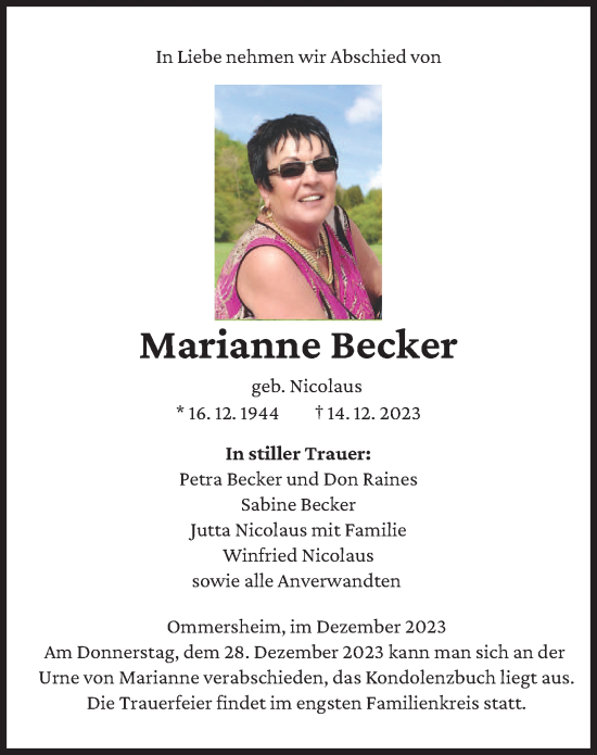 Traueranzeige von Marianne Becker von saarbruecker_zeitung