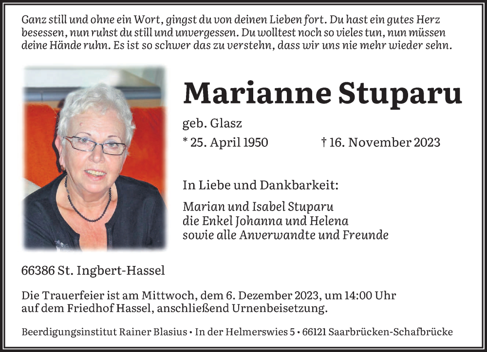  Traueranzeige für Marianne Stuparu vom 02.12.2023 aus saarbruecker_zeitung