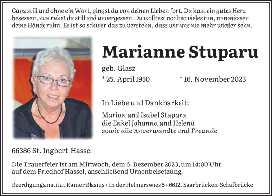 Traueranzeige von Marianne Stuparu von saarbruecker_zeitung