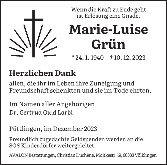 Traueranzeige von Marie-Luise Grün von saarbruecker_zeitung