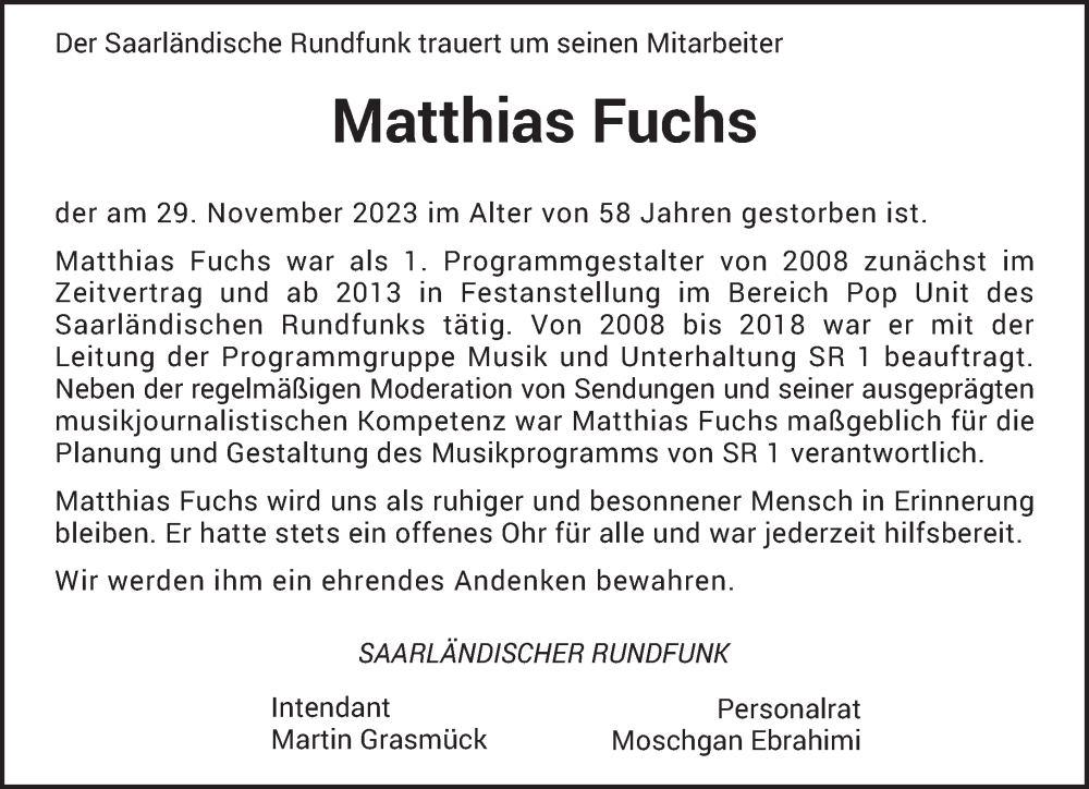  Traueranzeige für Matthias Fuchs vom 09.12.2023 aus saarbruecker_zeitung
