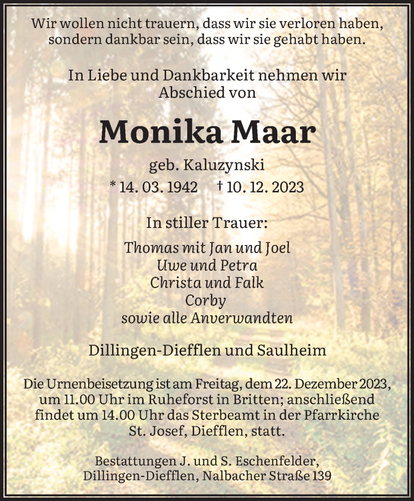  Traueranzeige für Monika Maar vom 16.12.2023 aus saarbruecker_zeitung