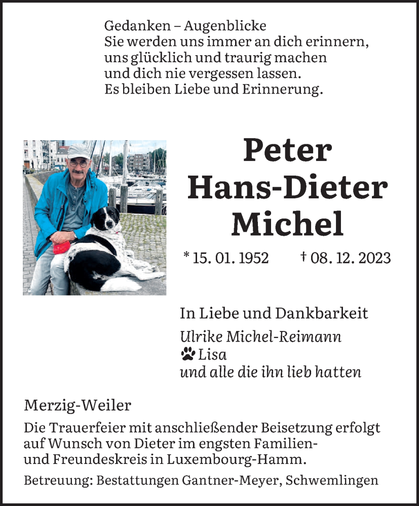  Traueranzeige für Peter Hans-Dieter Michel vom 13.12.2023 aus saarbruecker_zeitung