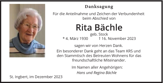 Traueranzeige von Rita Bächle von saarbruecker_zeitung