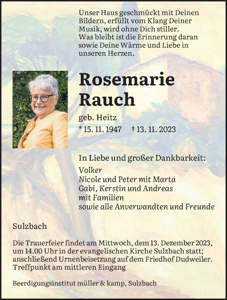  Traueranzeige für Rosemarie Rauch vom 02.12.2023 aus saarbruecker_zeitung