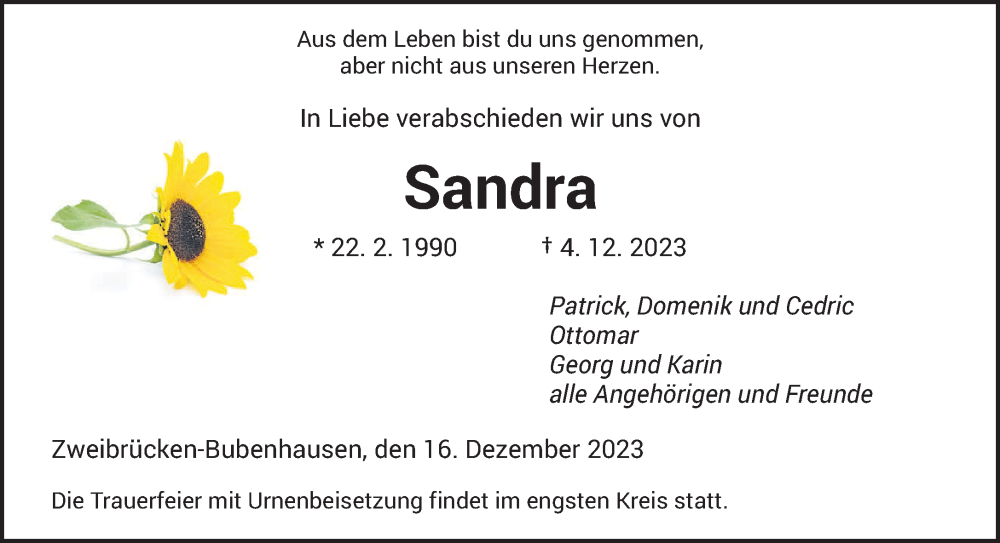 Traueranzeige für Sandra  vom 16.12.2023 aus saarbruecker_zeitung