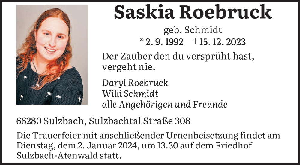  Traueranzeige für Saskia Roebruck vom 30.12.2023 aus saarbruecker_zeitung