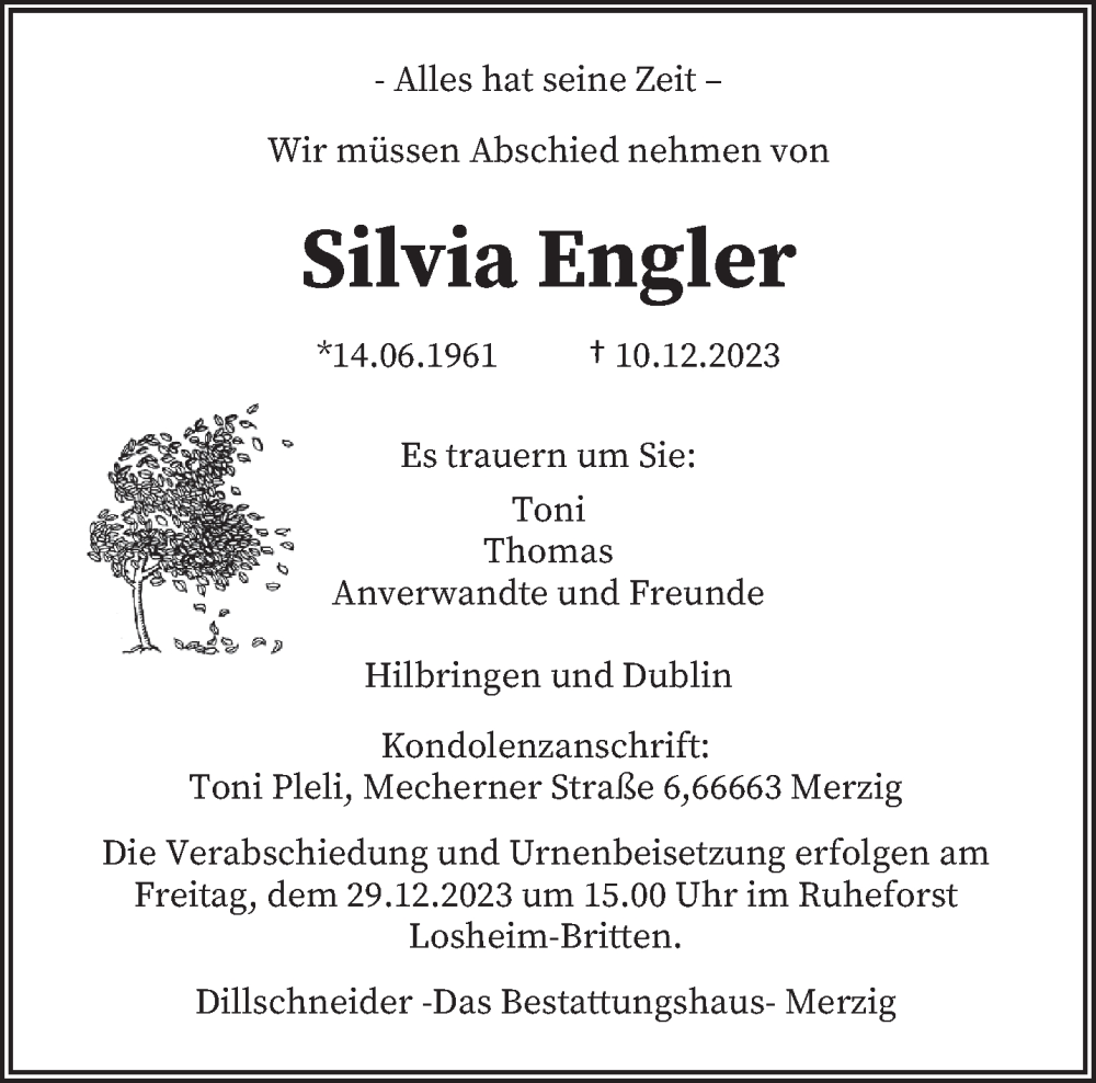  Traueranzeige für Silvia Engler vom 27.12.2023 aus saarbruecker_zeitung