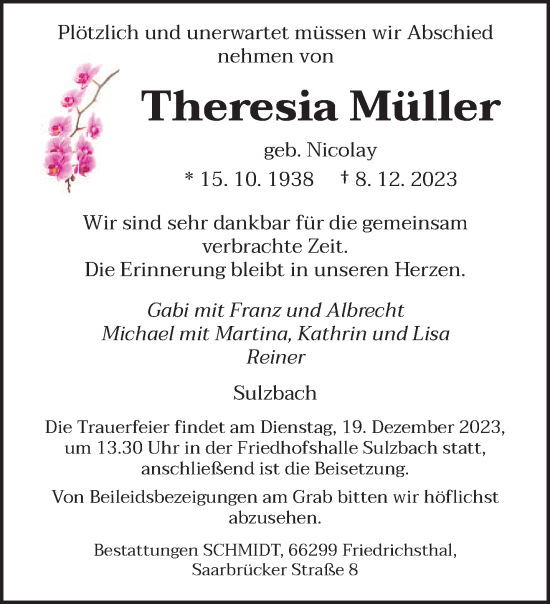 Traueranzeige von Theresia Müller von saarbruecker_zeitung