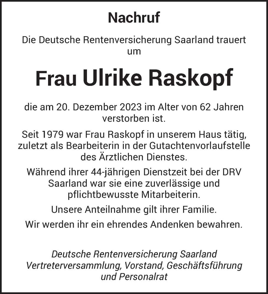  Traueranzeige für Ulrike Raskopf vom 23.12.2023 aus saarbruecker_zeitung