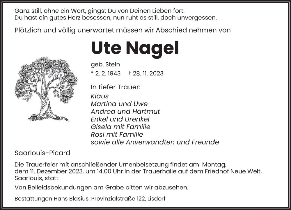  Traueranzeige für Ute Nagel vom 02.12.2023 aus saarbruecker_zeitung