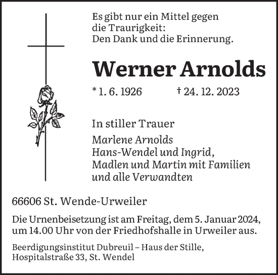 Traueranzeige von Werner Arnolds von saarbruecker_zeitung