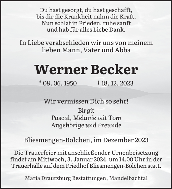 Traueranzeige von Werner Becker von saarbruecker_zeitung