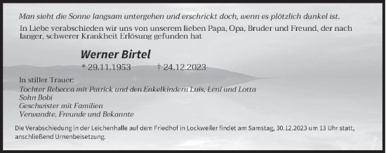 Traueranzeige von Werner Birtel von saarbruecker_zeitung