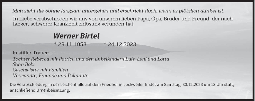  Traueranzeige für Werner Birtel vom 28.12.2023 aus saarbruecker_zeitung