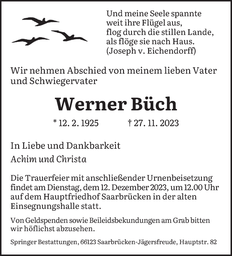  Traueranzeige für Werner Büch vom 09.12.2023 aus saarbruecker_zeitung