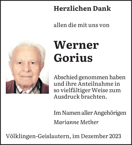 Traueranzeige von Werner Gorius von saarbruecker_zeitung