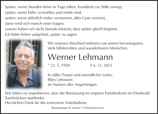 Traueranzeige von Werner Lehmann von saarbruecker_zeitung