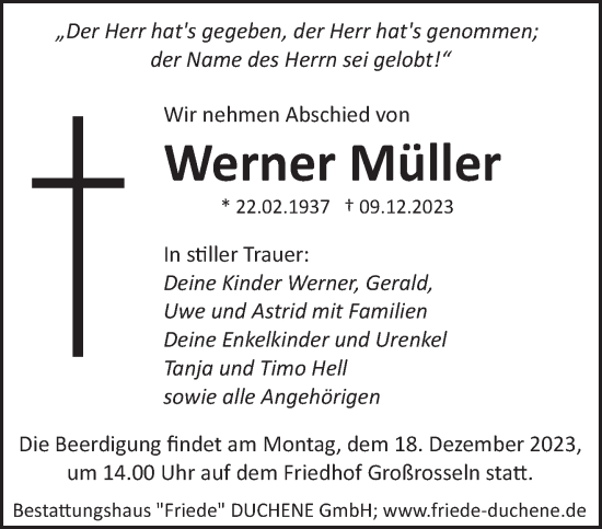 Traueranzeige von Werner Müller von saarbruecker_zeitung