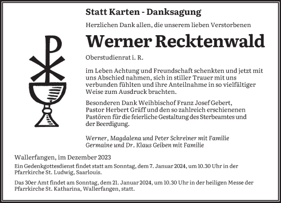 Traueranzeige von Werner Recktenwald von saarbruecker_zeitung