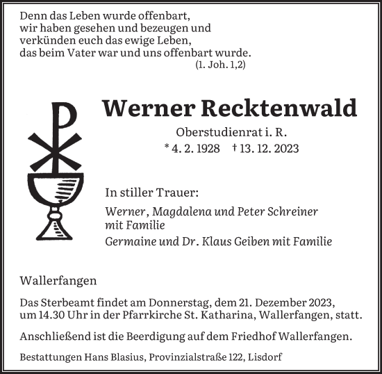 Traueranzeige von Werner Recktenwald von saarbruecker_zeitung