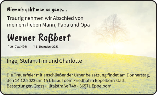 Traueranzeige von Werner Roßbert von saarbruecker_zeitung