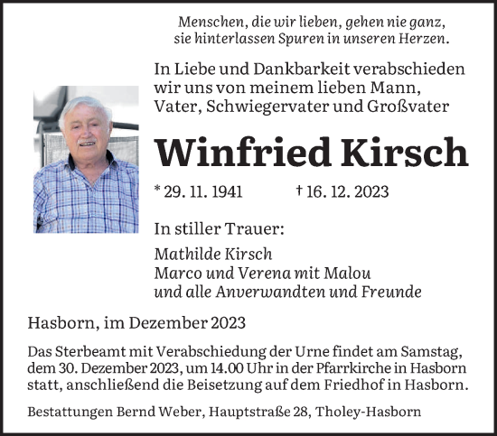 Traueranzeige von Winfried Kirsch von saarbruecker_zeitung