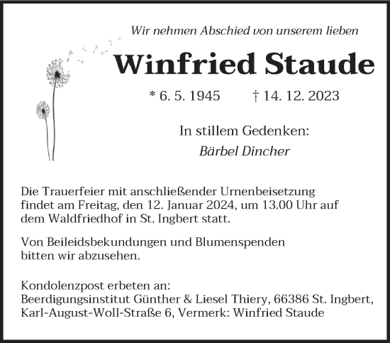 Traueranzeige von Winfried Staude von saarbruecker_zeitung