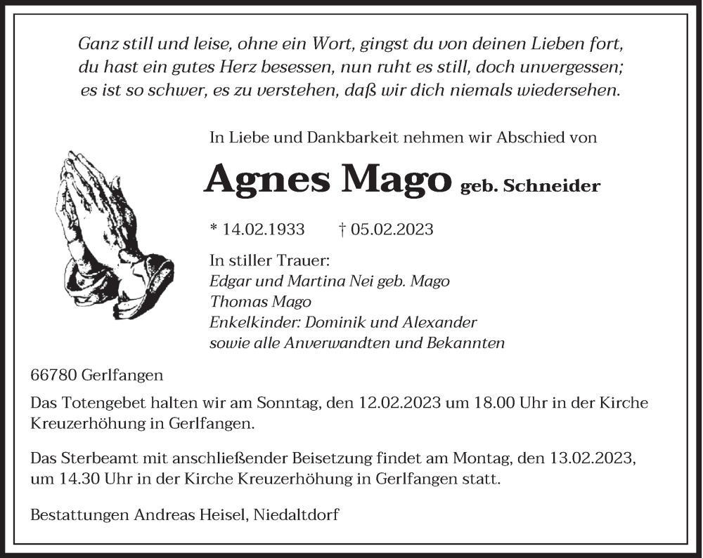  Traueranzeige für Agnes Mago vom 09.02.2023 aus saarbruecker_zeitung