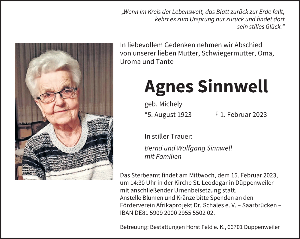  Traueranzeige für Agnes Sinnwell vom 11.02.2023 aus saarbruecker_zeitung