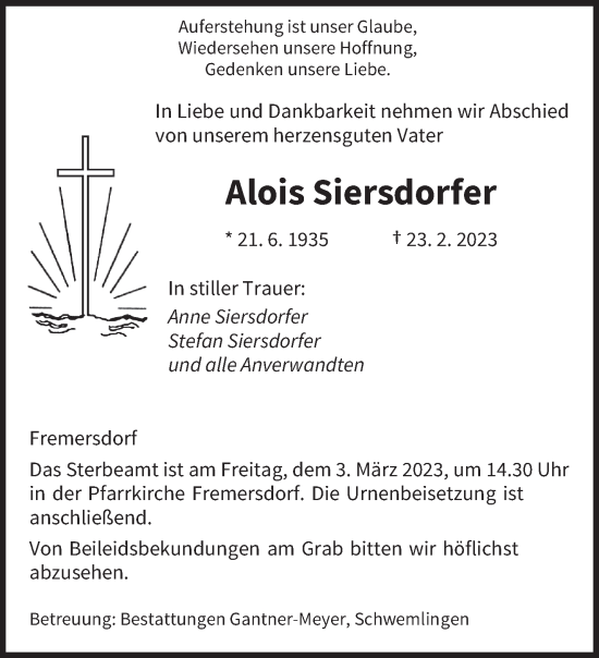 Traueranzeige von Alois Siersdorfer von saarbruecker_zeitung