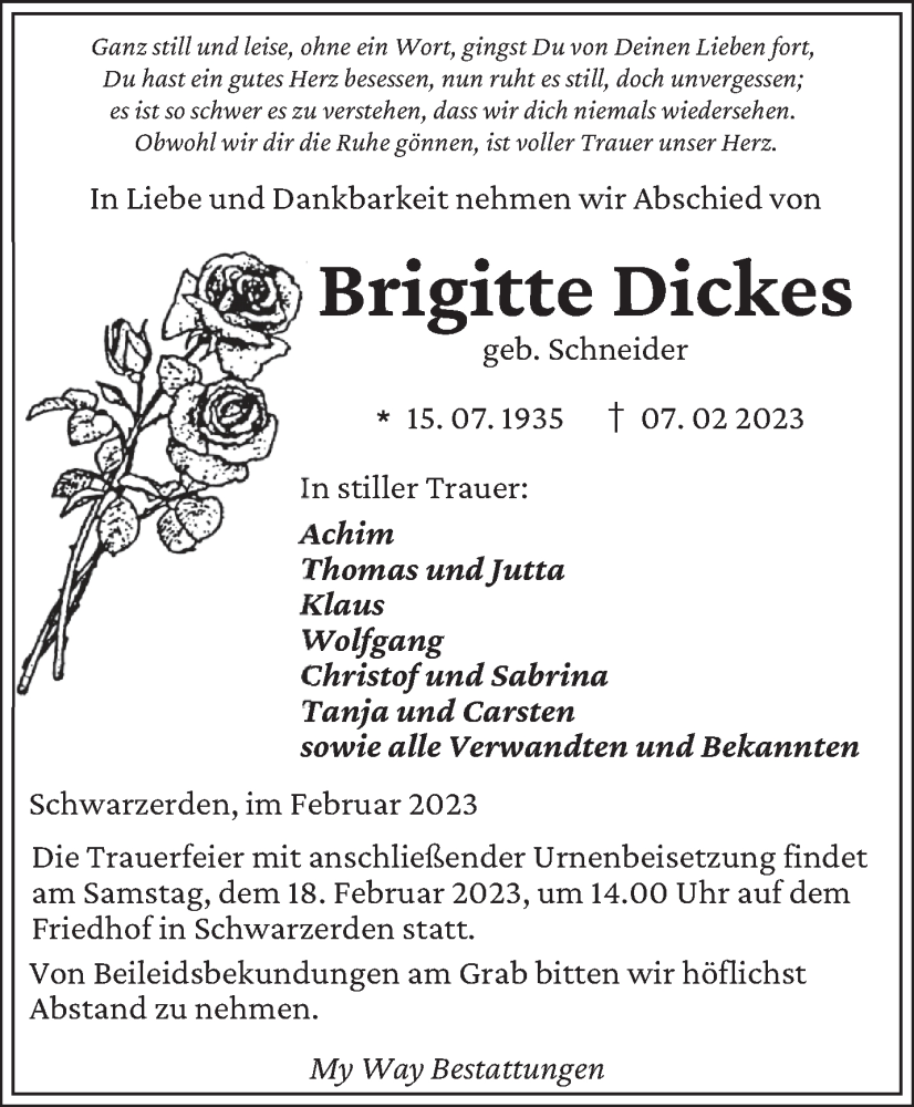  Traueranzeige für Brigitte Dickes vom 15.02.2023 aus saarbruecker_zeitung