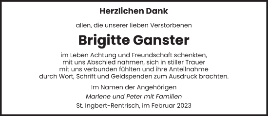 Traueranzeige von Brigitte Ganster von saarbruecker_zeitung