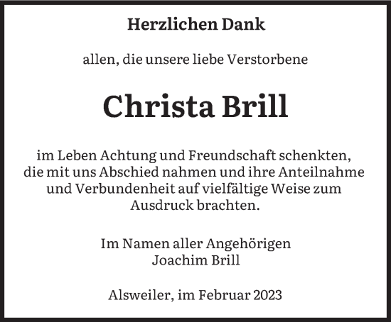 Traueranzeige von Christa Brill von saarbruecker_zeitung