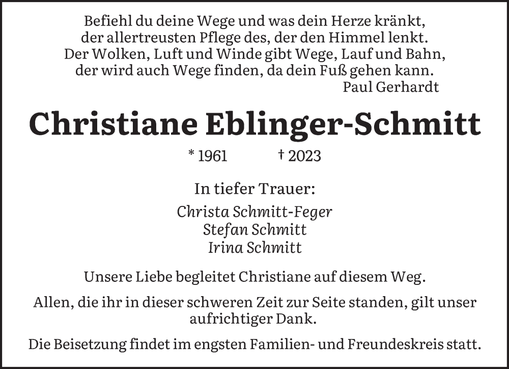  Traueranzeige für Christiane Eblinger-Schmitt vom 25.02.2023 aus saarbruecker_zeitung