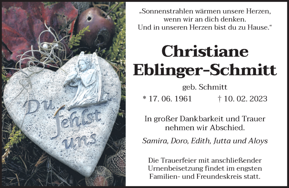  Traueranzeige für Christiane Eblinger-Schmitt vom 17.02.2023 aus saarbruecker_zeitung