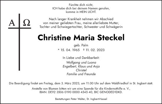 Traueranzeige von Christine Maria Stecket von saarbruecker_zeitung