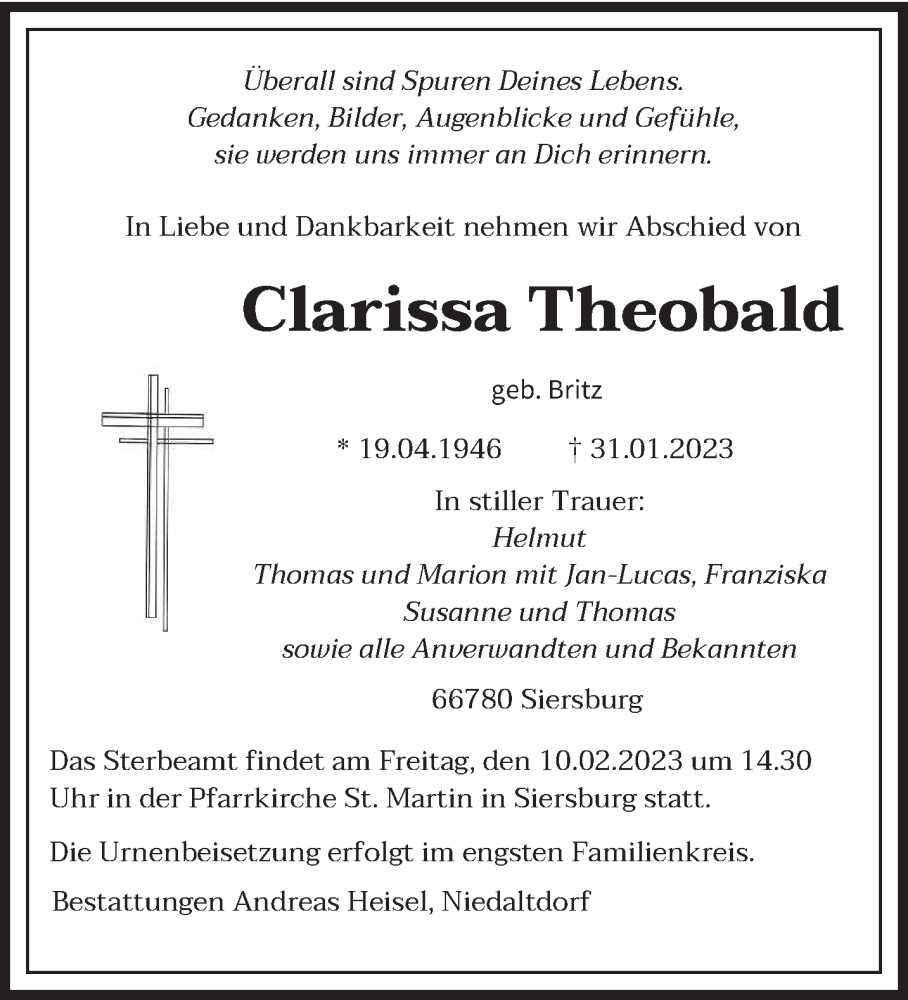  Traueranzeige für Clarissa Theobald vom 08.02.2023 aus saarbruecker_zeitung