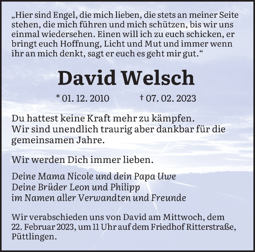  Traueranzeige für David Welsch vom 18.02.2023 aus saarbruecker_zeitung