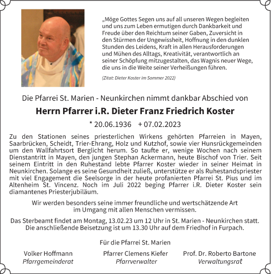 Traueranzeige von Dieter Franz Friedrich Koster von saarbruecker_zeitung