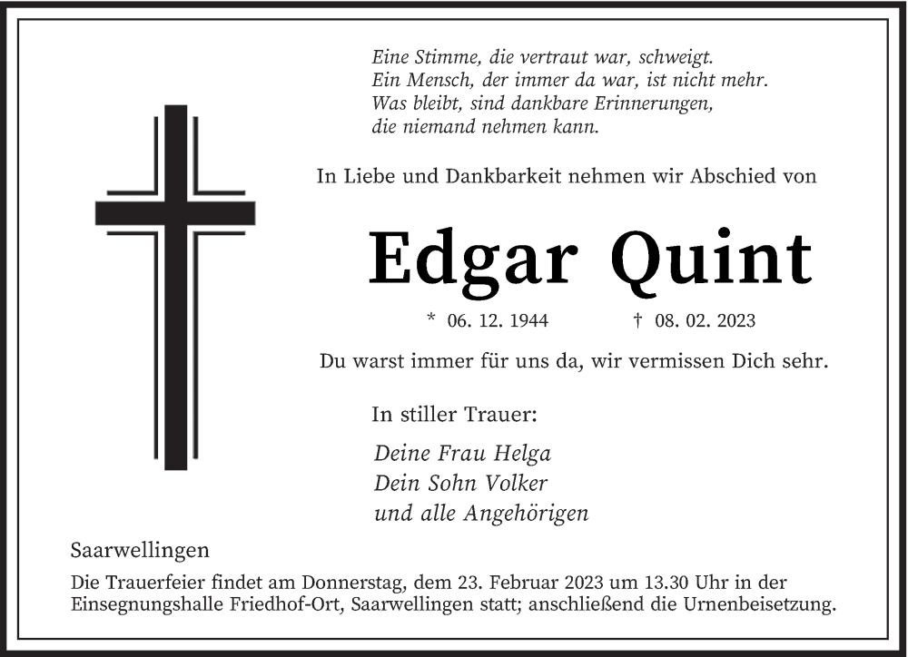  Traueranzeige für Edgar Quint vom 18.02.2023 aus saarbruecker_zeitung