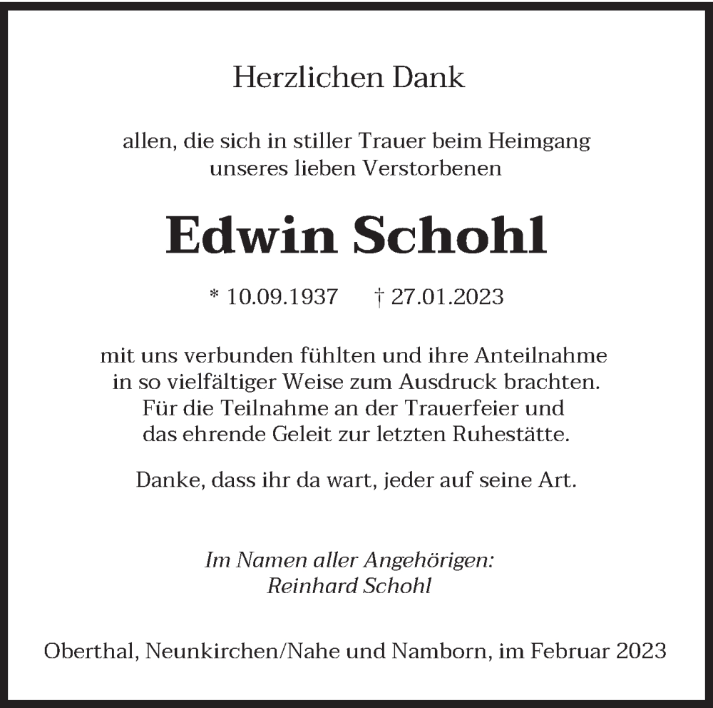  Traueranzeige für Edwin Schohl vom 24.02.2023 aus saarbruecker_zeitung