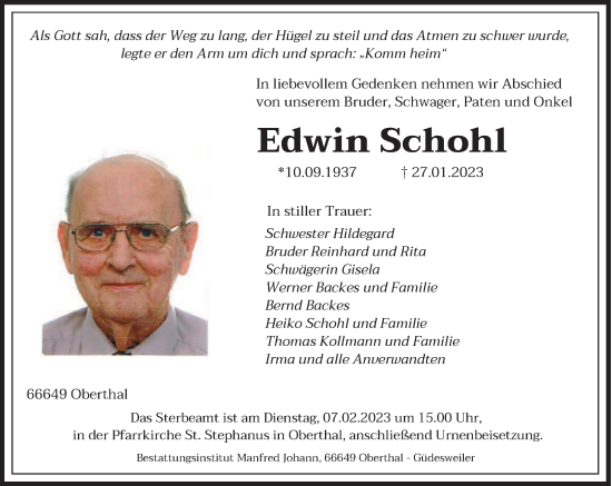 Traueranzeige von Edwin Schohl von saarbruecker_zeitung