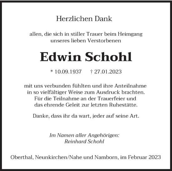 Traueranzeige von Edwin Schohl von saarbruecker_zeitung